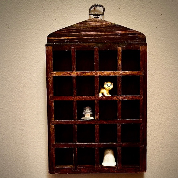 Rustic Dark Brown Wooden Wall Shelf for trinkets, thimbles, collectibles - Picture 2 of 11